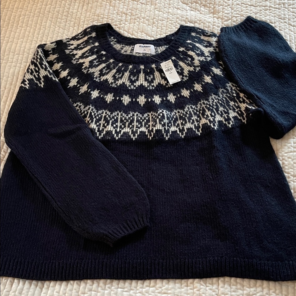 Old Navy Dark Blue and White Nordic Crewneck Sweater